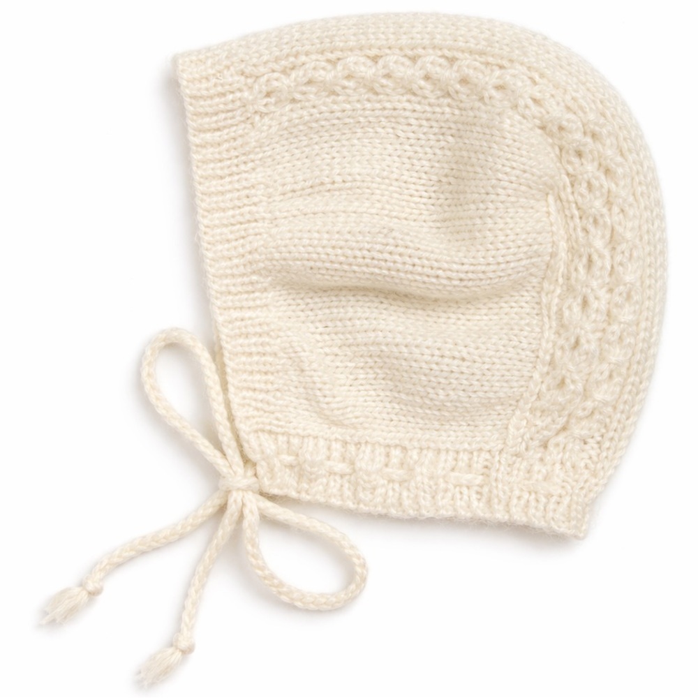 Hand Knit White Baby Bonnet With Cable Detail